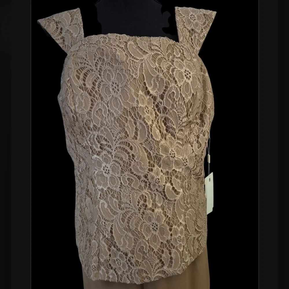 Elegant Nude Taupe Lace Corset Top Chiffon Shrug Wide Leg Pant Suit Set - Size X - Picture 2 of 6